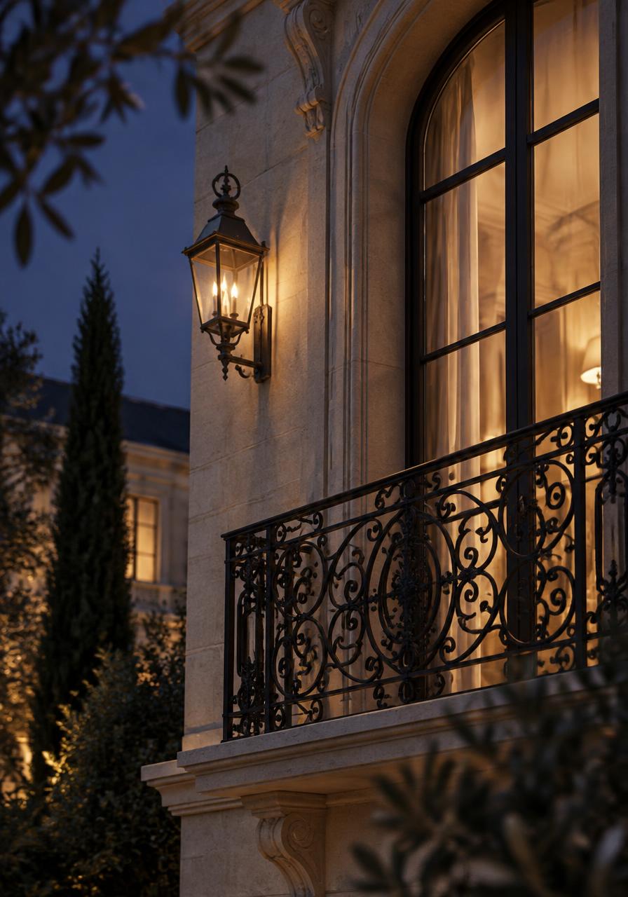 Conceptual artwork: wrought-iron balcony and lantern at dusk
